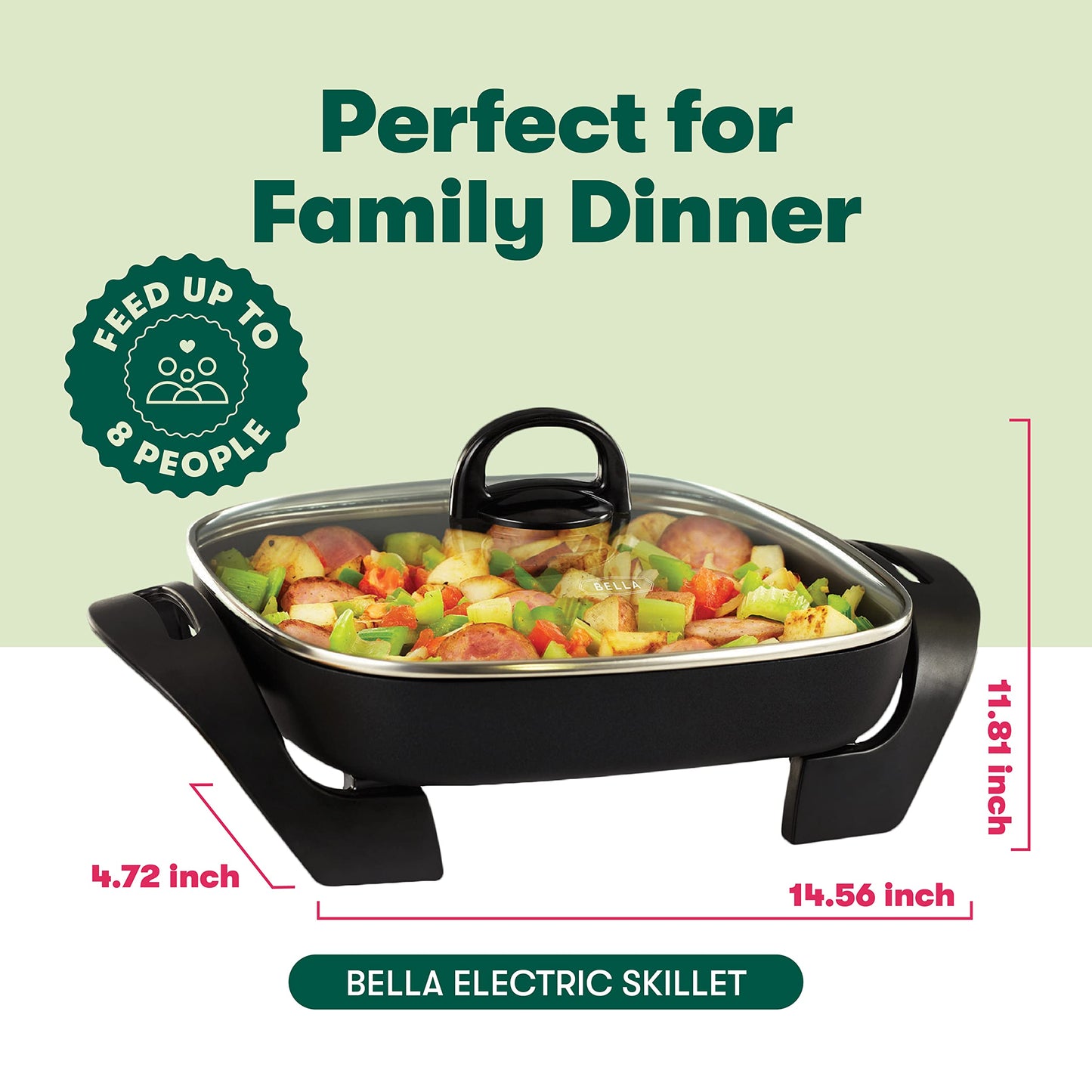 BELLA Electric Skillet and Frying Pan with Glass Lid, Nonstick Coating, Cool Touch Handles, Removable Heating Probe, Dishwasher Safe, 12 x 12 inch, Copper