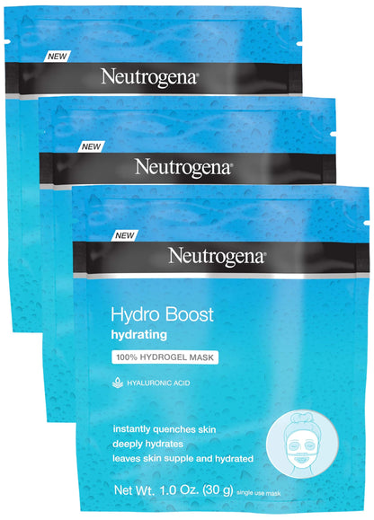 Neutrogena Hydro Boost Moisturizing & Hydrating 100% Hydrogel Sheet Face Mask for Dry Skin with Hyaluronic Acid, Gentle & Non-Comedogenic, 1 Ounce (Pack of 12)