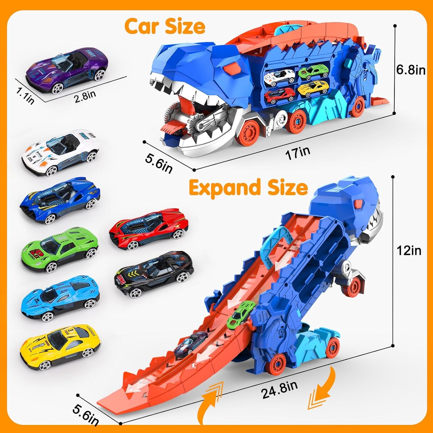 Transport Dinosaur Truck with City Ultimate Hauler Race Track, Transforms into Stomping Standing Trex Dinosaurs Toddler Toys Unique Gifts for Kid age 2 3 4 5 6 7 8 Year Olds ( 8 Die-Cast Race Cars)