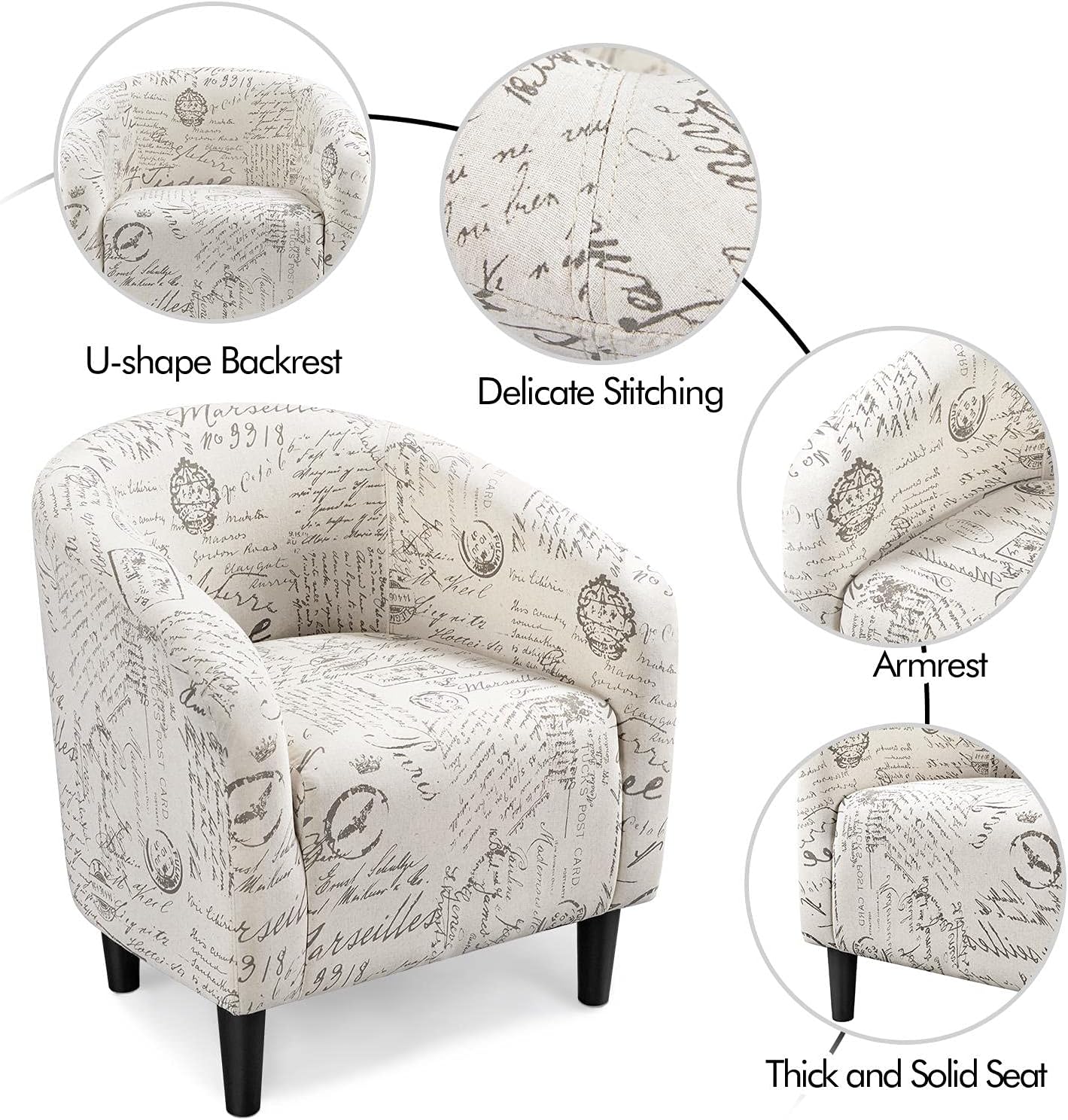 Yaheetech Modren Club Chair with Ottoman, Fabric Accent Armchair with Footstool, Upholstered Barrel Chair and Footrest for Living Room Bedroom Guestroom, Letter Print