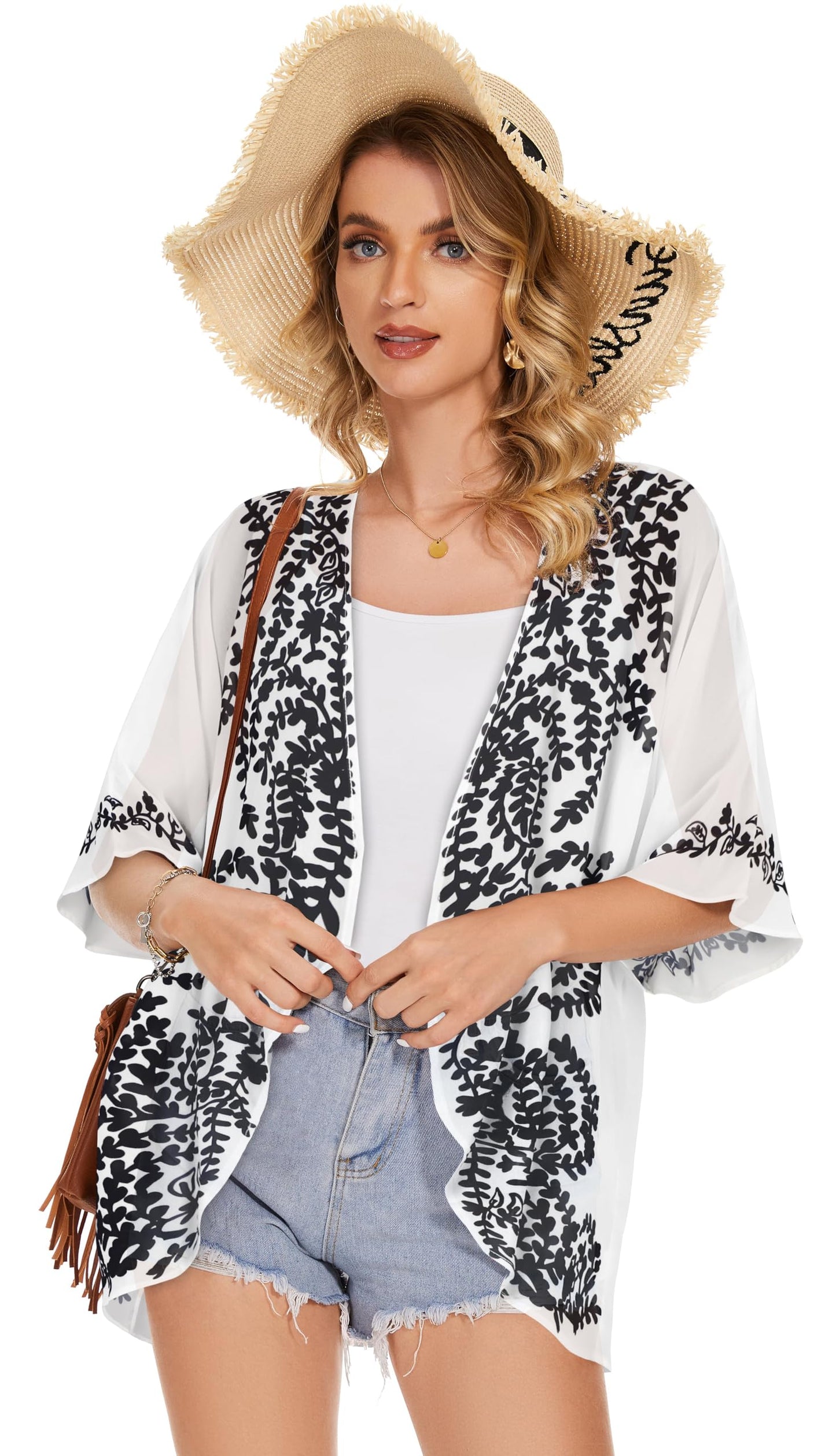 Women's Floral Print Puff Sleeve Kimono Cardigan Loose Cover Up Casual Blouse Tops