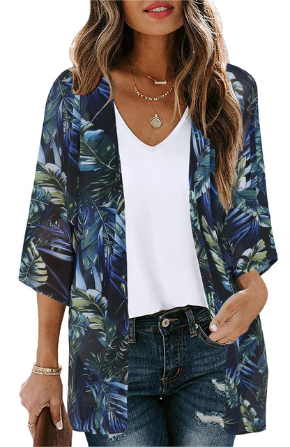 Women's Floral Print Puff Sleeve Kimono Cardigan Loose Cover Up Casual Blouse Tops