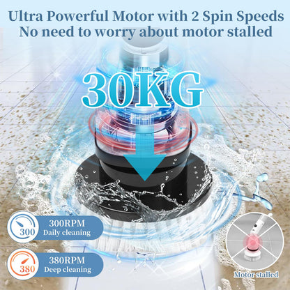 Cordless Electric Spin Scrubber, 380 RPM 30KG Non-Stalling 2 Speeds Power Bathroom Shower Cleaner, Ultra 3H Work Time Spin Cleaning Brush Supplies, 7 Heads for Bathtub Tile Floor Car Toilet