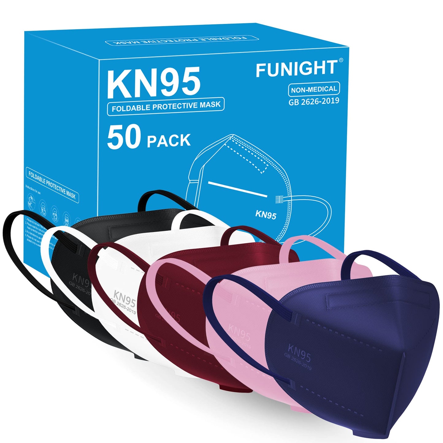 Funight KN95 Face Masks 50 Pack 5-Ply Breathable Filter Disposable Face Masks Black