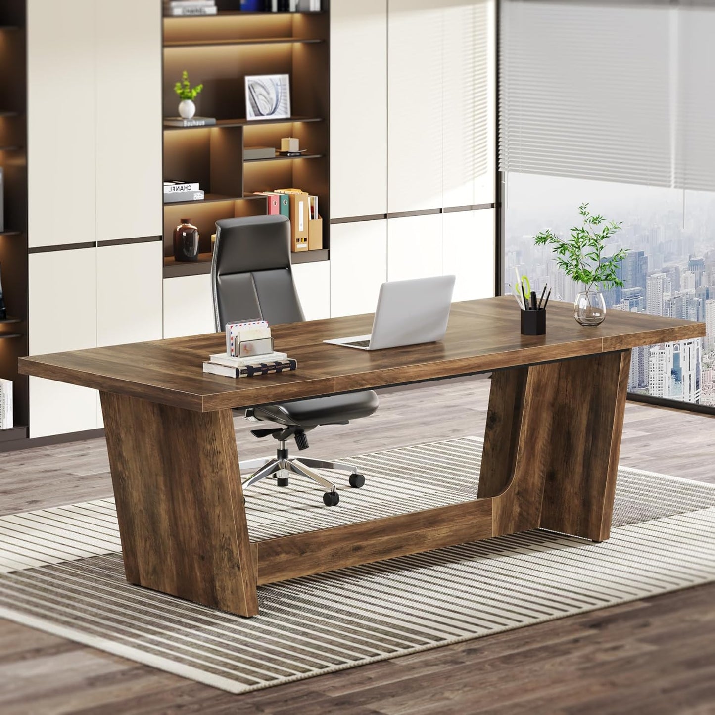 Tribesigns 70.87-Inch Executive Computer Desk: Large Home Office Desk with Solid Wooden Pedestal, Industrial Wood Study Writing Table, Workstation Business Furniture, Brown