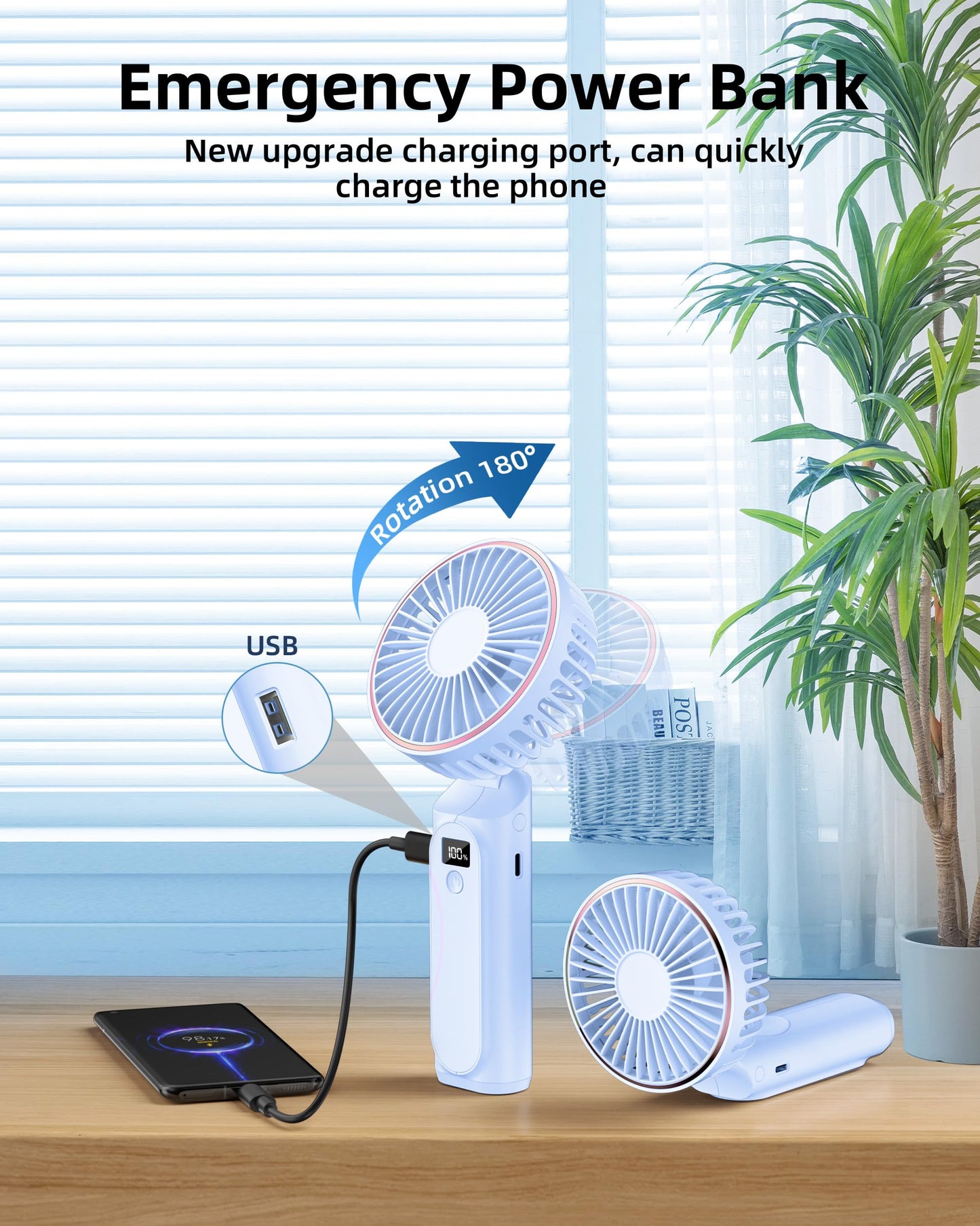 TUNISE Portable Handheld Fan, Portable Fan Rechargeable, 4000mAh, 180° Adjustable, 6 Speed Wind, Display Electricity in Real Time, USB Rechargeable Foldable Fan, Quiet Personal Fan as the Power Bank