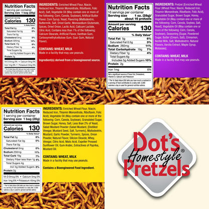 Dot's Pretzels Variety Pack, Original, Honey Mustard, and Cinnamon Sugar Pretzel Twists, Healthy Kids Snacks, 1oz Grocery Sized Bags (20 Count)