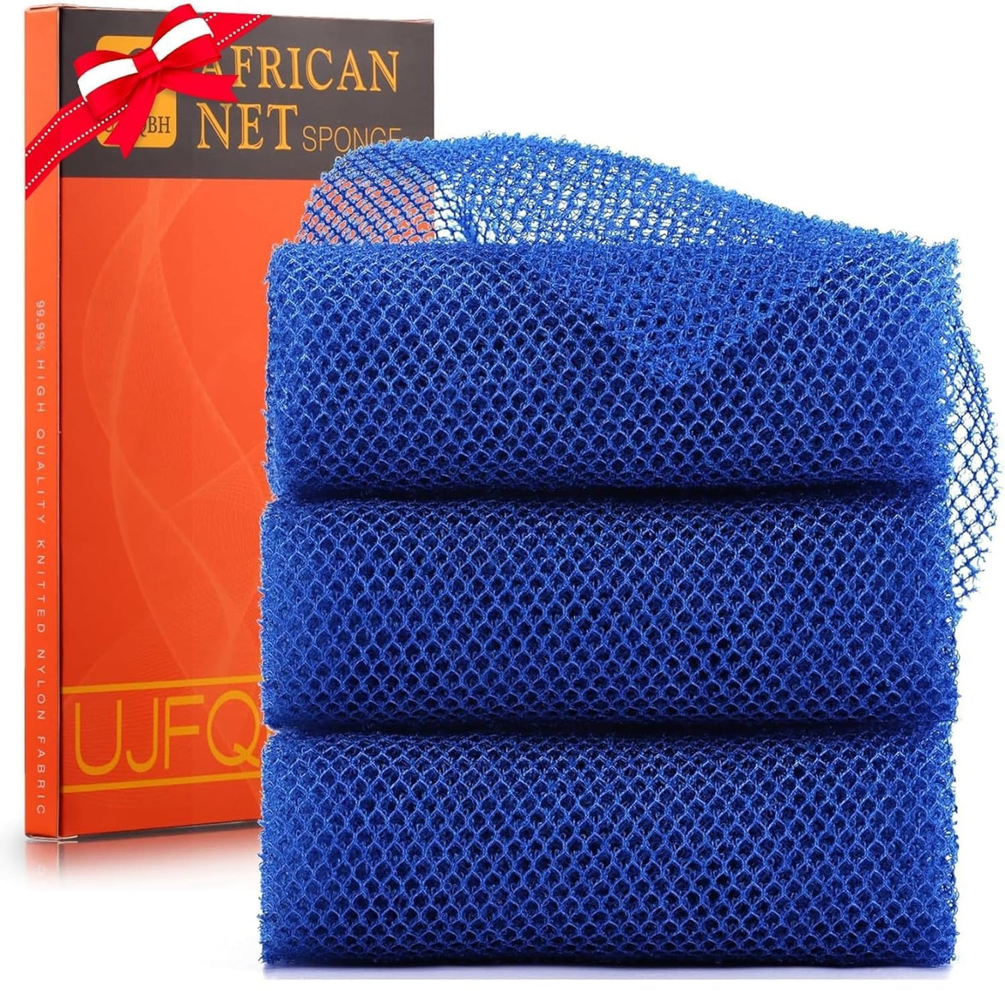 3 Pieces African Bath Sponge African Net Long Net Bath Sponge Exfoliating Shower Body Scrubber Back Scrubber Skin Smoother,Great for Daily Use (Black、Blue、Brown)