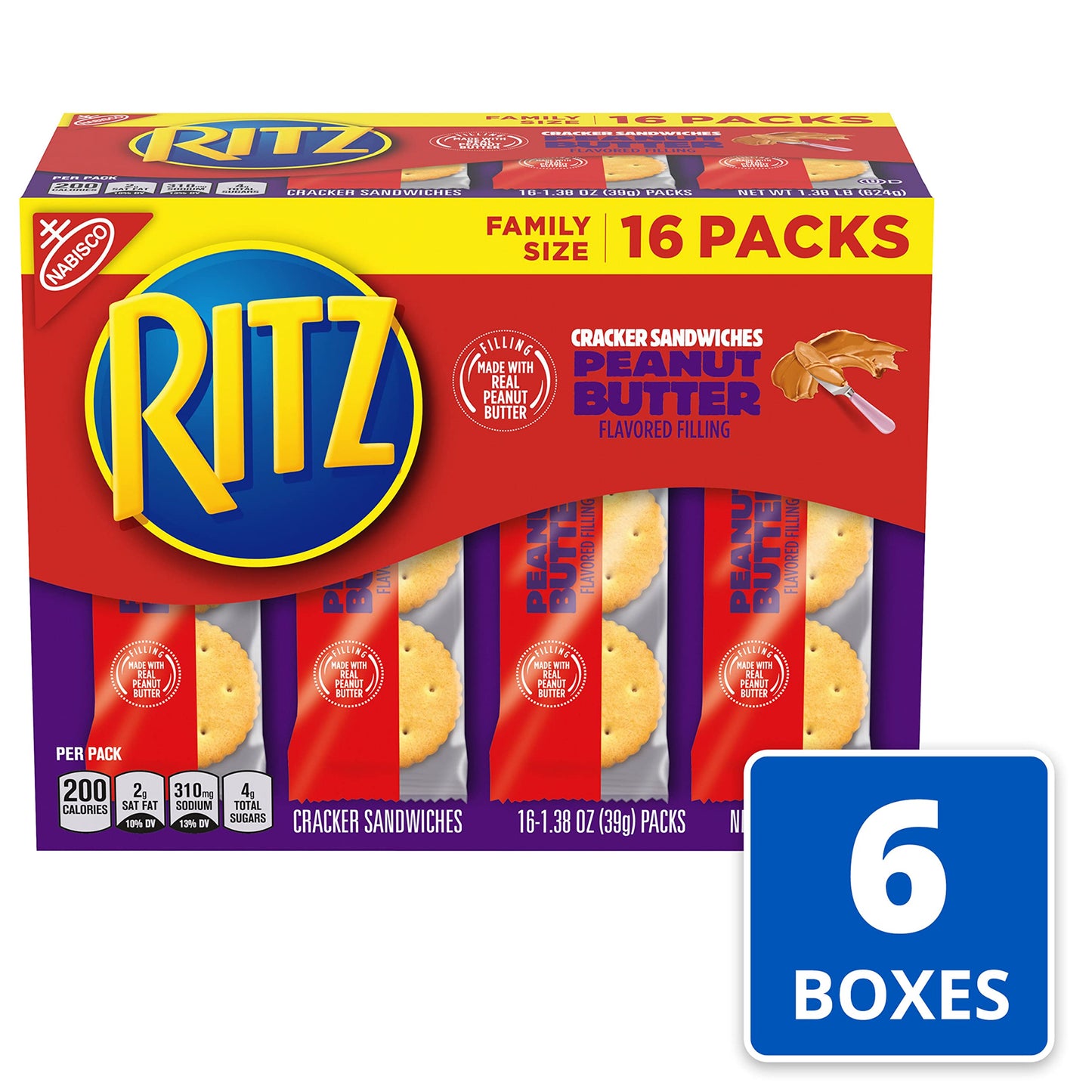 RITZ Peanut Butter Sandwich Crackers, 48 Snack Packs (6 Boxes, 6 Crackers Per Pack)