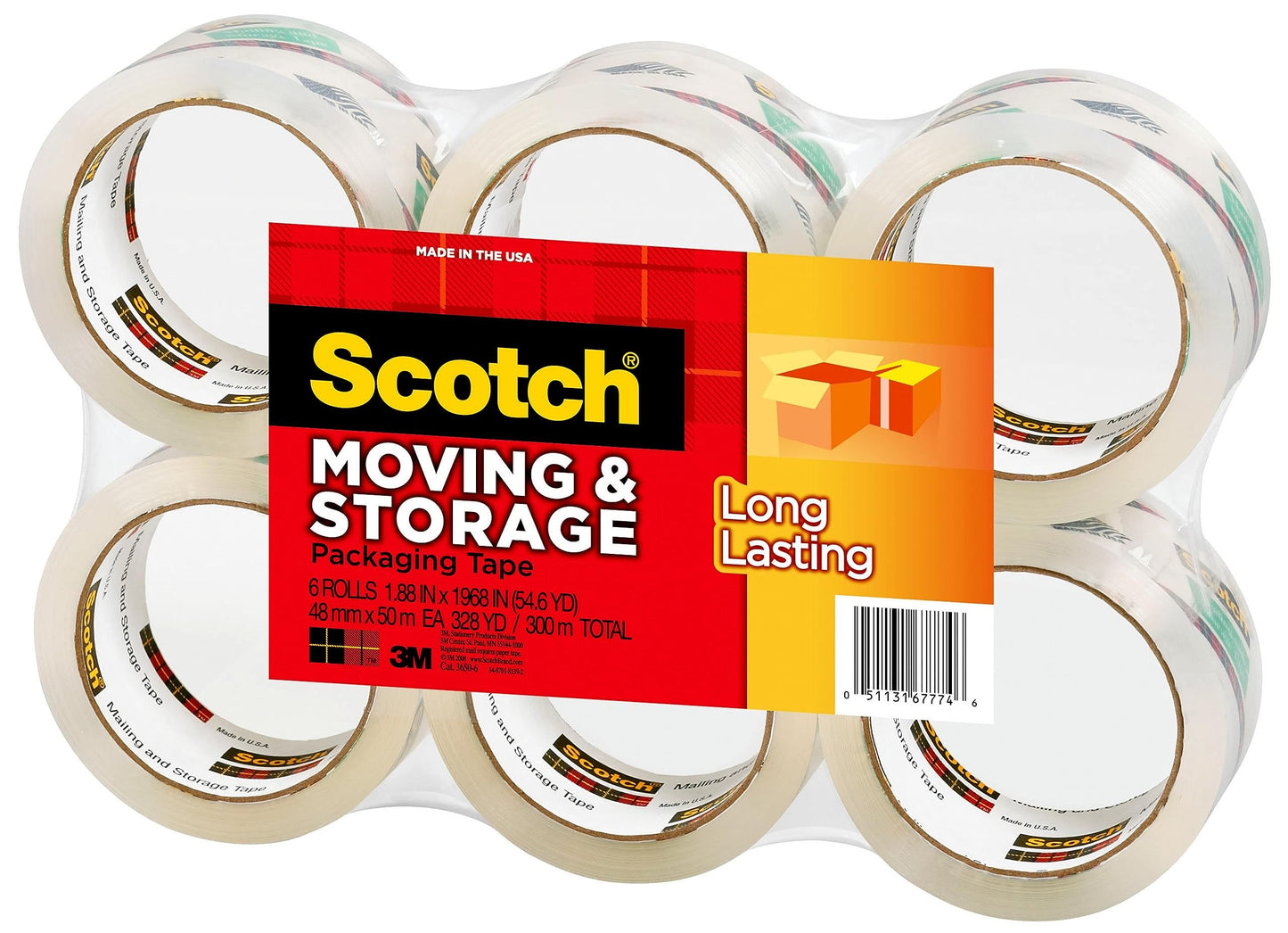 Scotch Long Lasting Storage Packing Tape, Clear, Storage Tape Seals Moving Boxes, 1.88 in x 54.6 yd,6 rolls