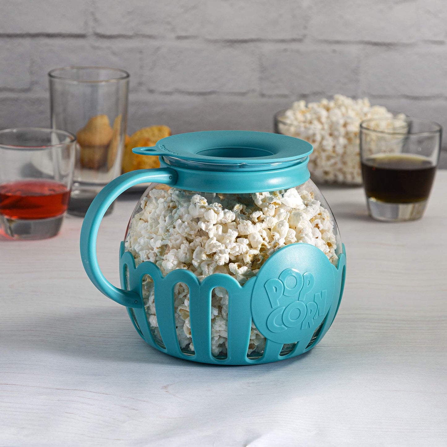 Ecolution Patented Micro-Pop Microwave Popcorn Popper with Temperature Safe Glass, 3-in-1 Lid Measures Kernels and Melts Butter, Made Without BPA, Dishwasher Safe, 3-Quart, Aqua