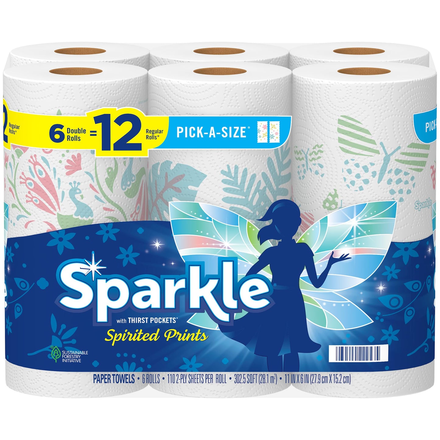 Sparkle Pick-A-Size Paper Towels, Spirited Prints, 6 Double Rolls = 12 Regular Rolls, Everyday Value Paper Towel With Full And Half Sheets