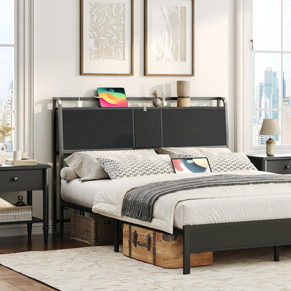 Headboard Queen Size, Headboard with 4 Outlets and 4 USB Ports, Industrial Headboard with Flip Door and Bed Frame Adapter, Height Adjustable, Black