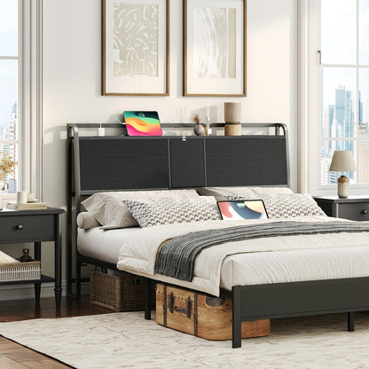 Headboard Queen Size, Headboard with 4 Outlets and 4 USB Ports, Industrial Headboard with Flip Door and Bed Frame Adapter, Height Adjustable, Black