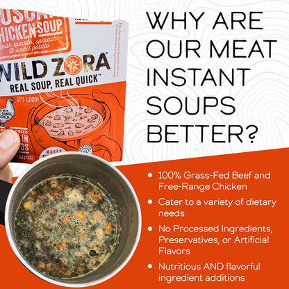 Wild Zora Instant Keto-Friendly Soups 5-Pack Variety, Broth Made with Grass-Fed Beef, Free-Range Chicken, and Vegetables, Gluten-Free, Low Carb, No Added Sugar, Flavorful Pantry Staples - 0.5oz/13g