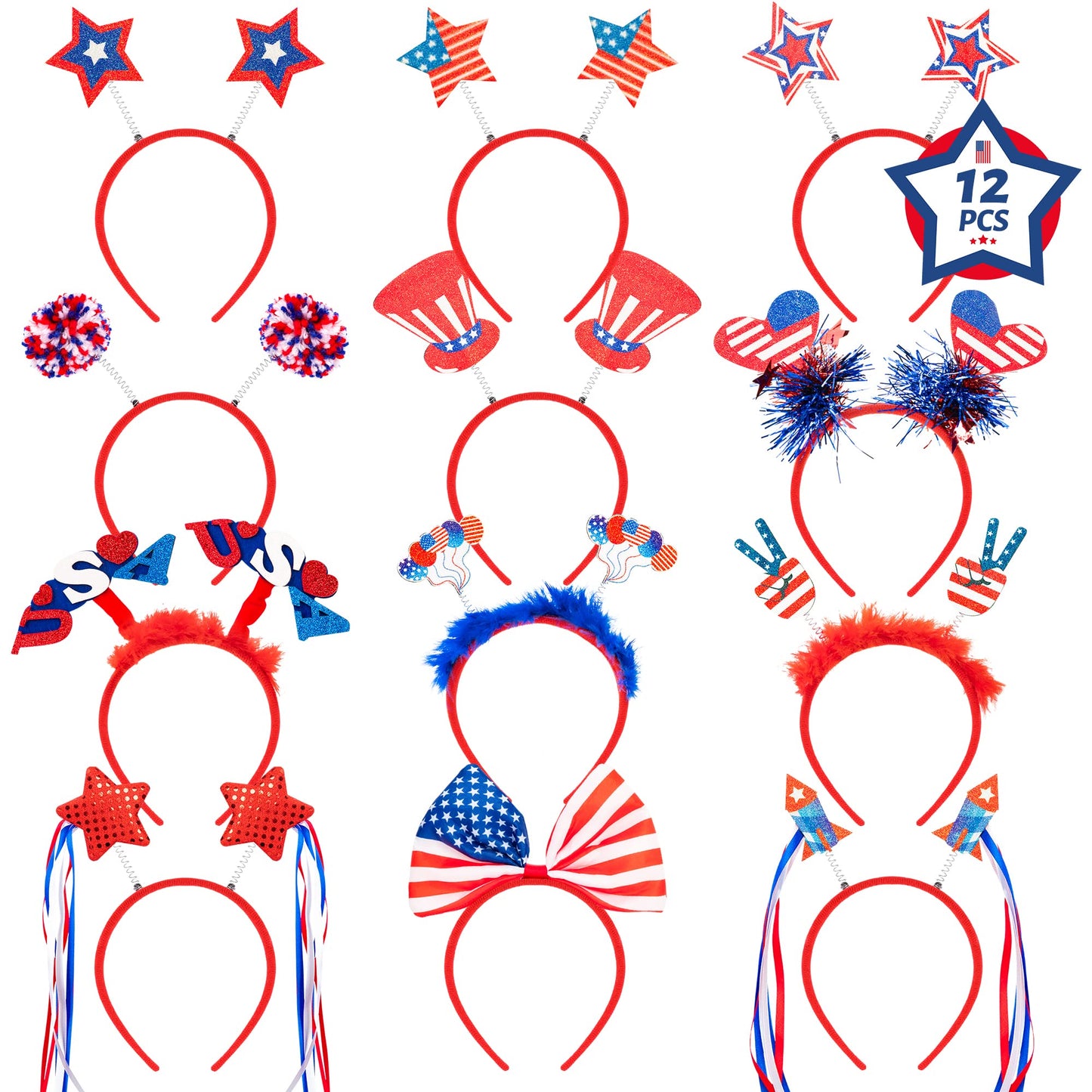 4th of July Headband, Fourth of July Accessories, Felt Patriotic Head Boppers Pack for 4th of July Party Favors