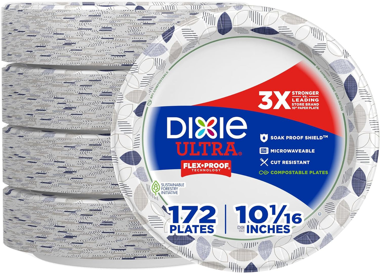 Dixie Ultra, Large Paper Plates, 10 Inch, 172 Count, 3X Stronger, Heavy Duty, Microwave-Safe, Soak-Proof, Cut Resistant, Disposable Plates For Heavy, Messy Meals