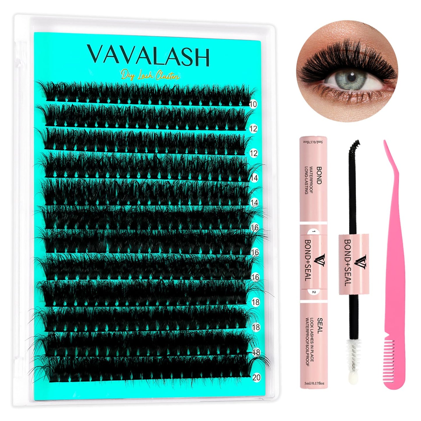 VAVALASH DIY Lash Extension Kit 280 Clusters Individual Lashes Kit 30D 40D 0.07D-10-16mm Lash Clusters, Lash Bond and Seal, Lash Tweezer for DIY Eyelash Extension at Home（Kit-30D+40D-0.07D-10-16MIX）