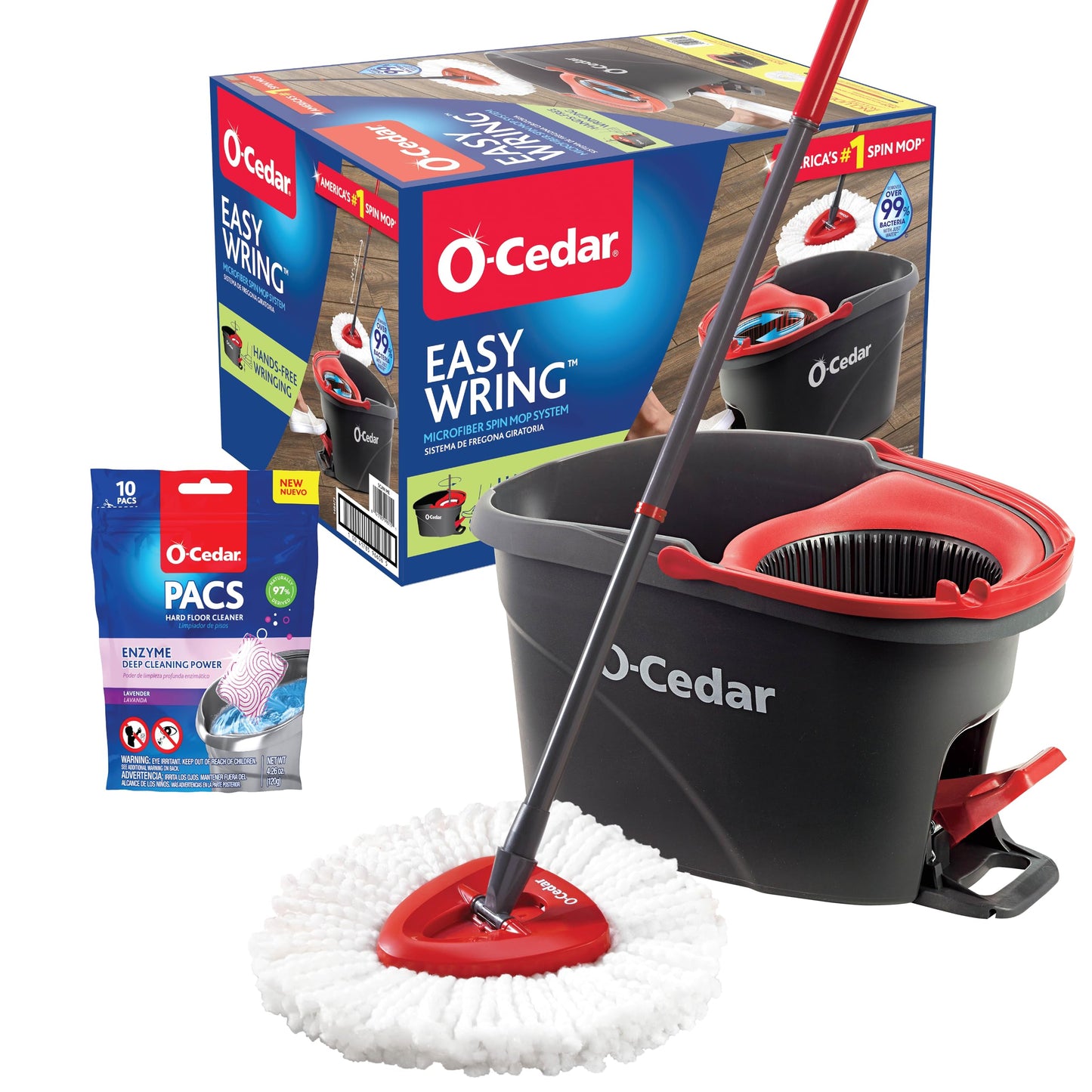 O-Cedar Easywring Microfiber Spin Mop & Bucket Floor Cleaning System with 1 Extra Refill,Red / Gray