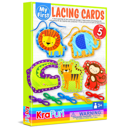 KRAFUN Beginner Preschool Lacing Card Kit for Kids Arts & Crafts, 5 Easy Safari and Animal Lacing Projects, Lacing Cards for Toddlers, Fine Motor Skills Training Toys