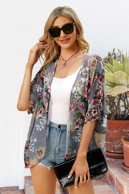 Women's Floral Print Puff Sleeve Kimono Cardigan Loose Cover Up Casual Blouse Tops