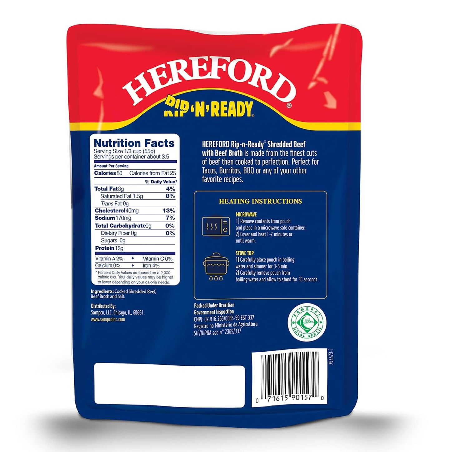 Hereford Shredded Beef with Beef Broth| Shelf Stable | Halal | Fully Cooked | Ready-to-Eat | 13g of Protein per Serving | 7oz per Pouch (Case of 12)