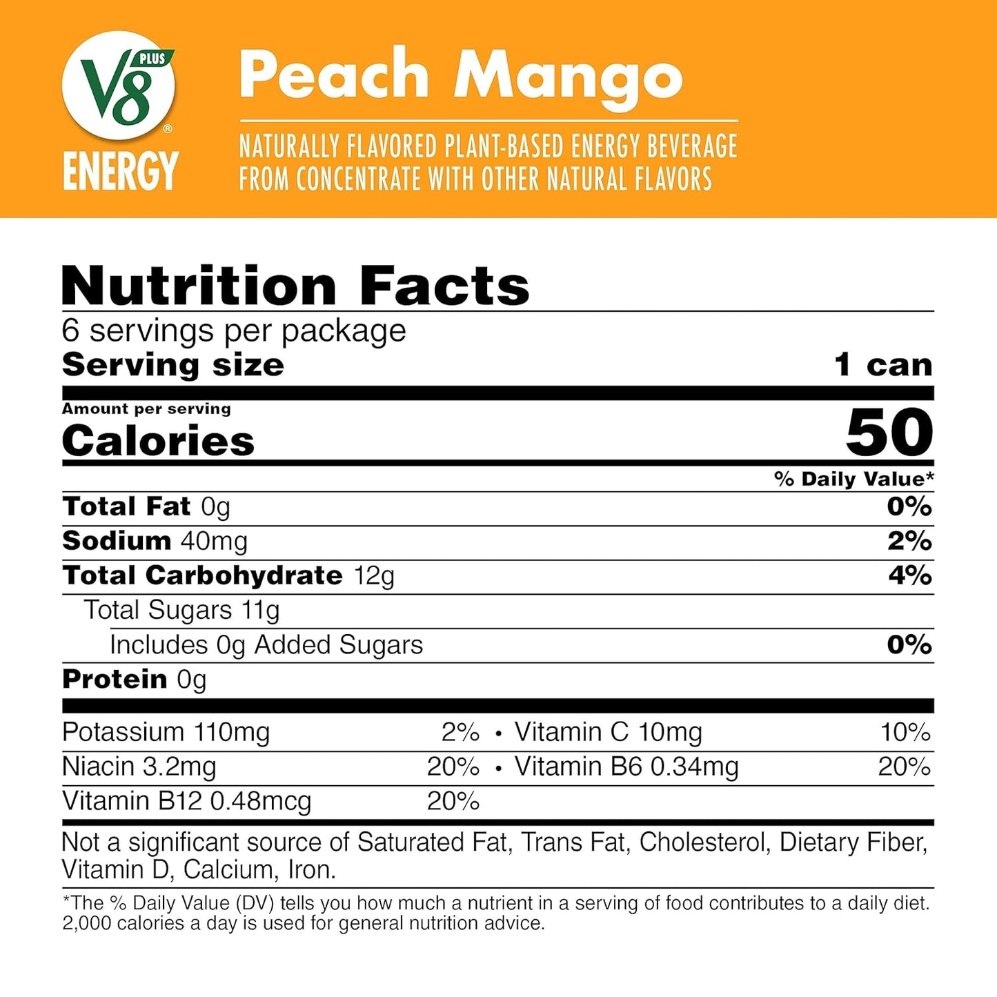 V8 +Energy Peach Mango Juice Energy Drink, 8 fl oz Can (6 Pack)