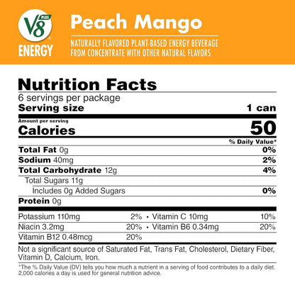 V8 +Energy Peach Mango Juice Energy Drink, 8 fl oz Can (6 Pack)