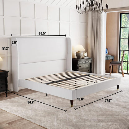 King Platform Bed Frame 51.2" High Headboard Tall Upholstered Bed/No Box Spring Required/Wood Slat Support/Easy Assembly White