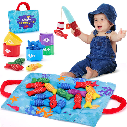 hahaland Toddler Toys Montessori Toys for 1 Year Old Boy Girl Birthday Gift -10 in 1 Cloth Fishing Game for Toddler 1-3 with Stacking Cups- Number Counting, Color Sorting, Shape Learning