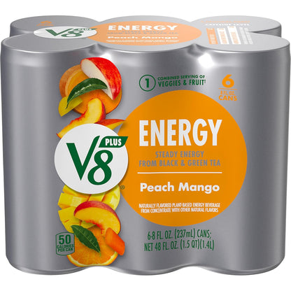 V8 +Energy Peach Mango Juice Energy Drink, 8 fl oz Can (6 Pack)