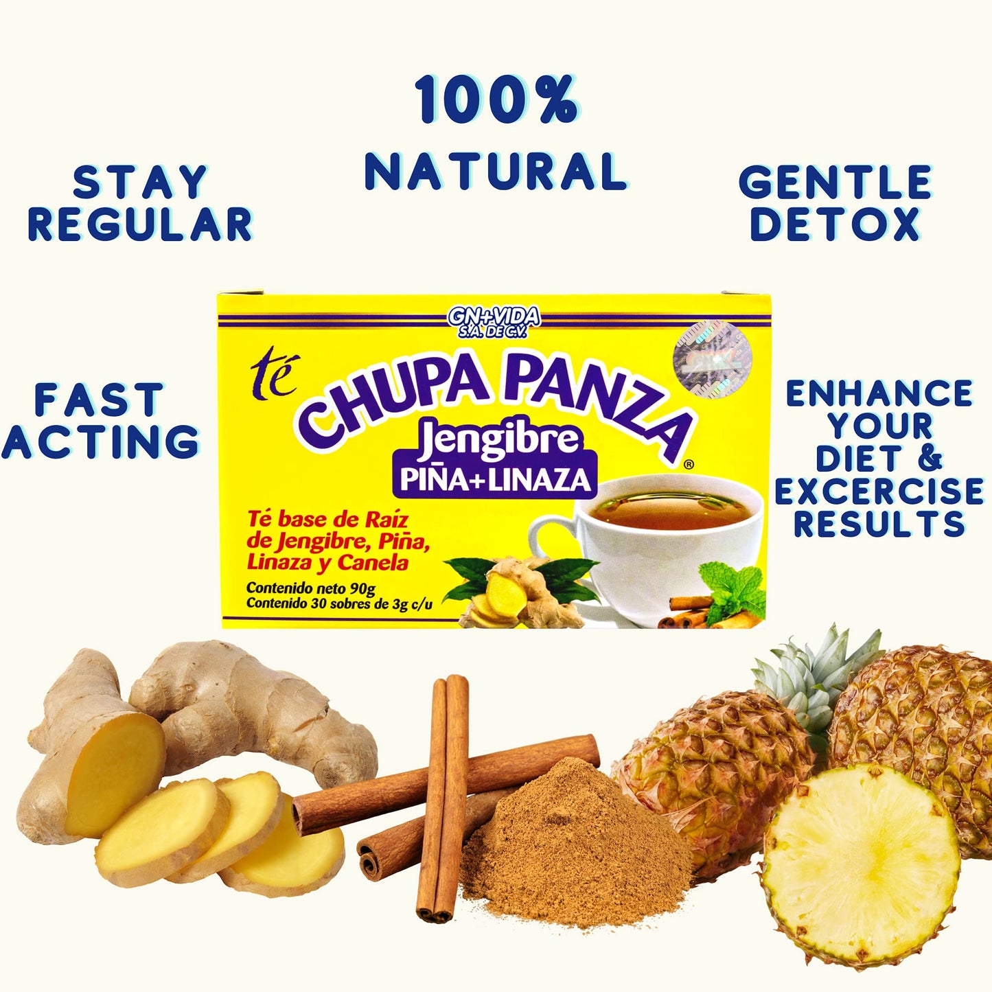 Tea CHUPA Panza, Tea Based ONGINGER Root, PINNEAPPLE, Flaxseed & Cinnamon (30 Tea Bags/0.10 oz Each)