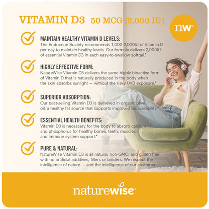 NatureWise Vitamin D3 1000iu (25 mcg) 1 Month Supply for Healthy Muscle Function, Bone Health and Immune Support, Non-GMO, Gluten Free in Cold-Pressed Olive Oil, Packaging May V, 30 Count