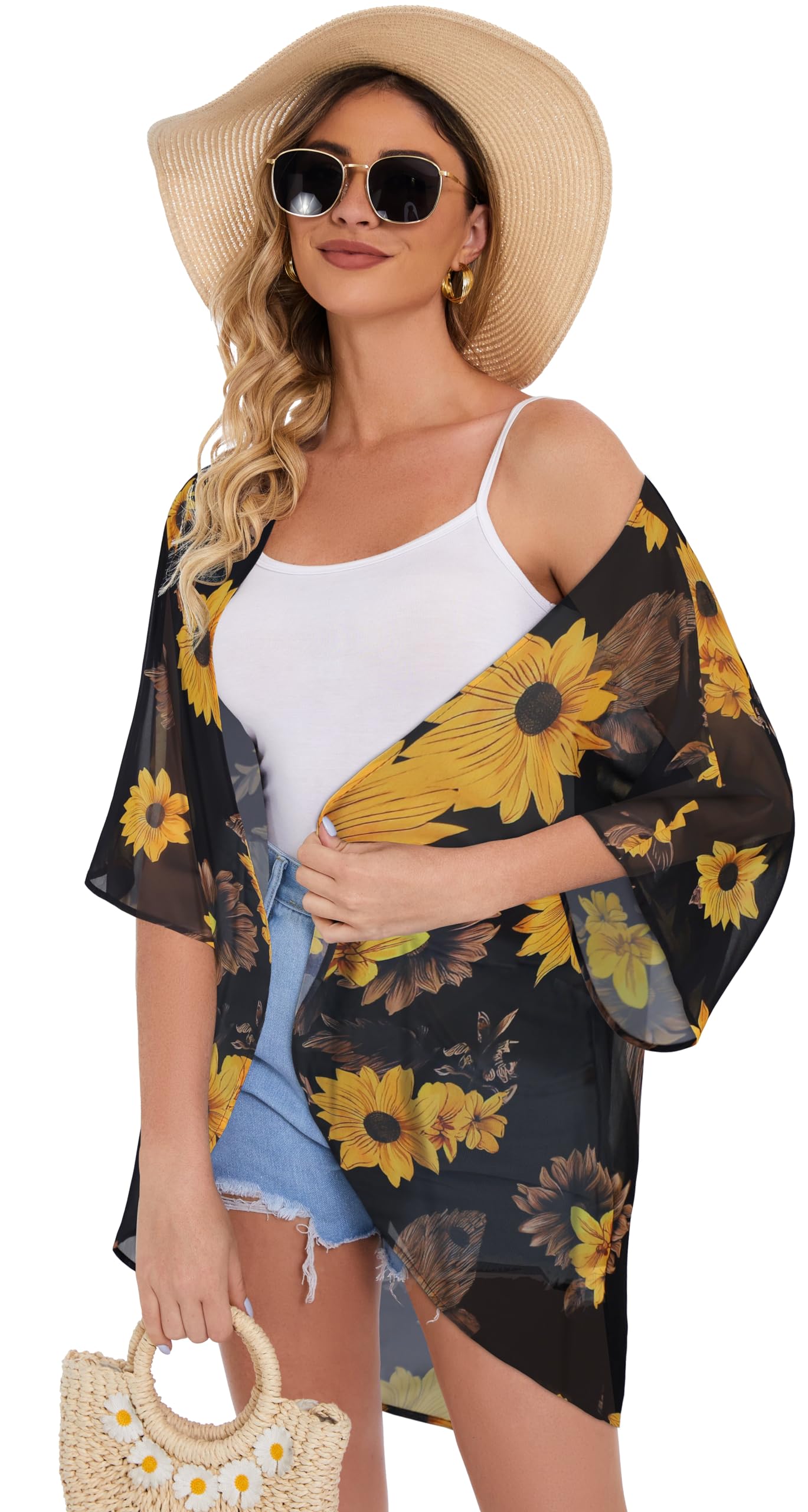 Women's Floral Print Puff Sleeve Kimono Cardigan Loose Cover Up Casual Blouse Tops