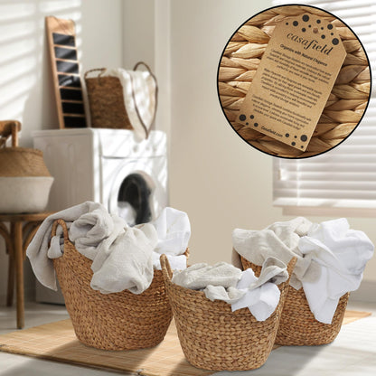 Casafield Set of 3 Multipurpose Boat Baskets with Handles - Natural, Woven Water Hyacinth Storage Organizers for Throw Blankets, Bedroom, Living Room, Laundry