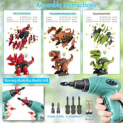 FREE TO FLY Kids Toys Stem Dinosaur Toy: Take Apart Toys for kids 3-5 Learning Educational Building Sets with Electric Drill Birthday Gifts for Toddlers Boys Girls Age 3 4 5 6 7 8 Year Old