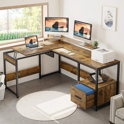 YITAHOME L Shaped Desk with Lift Top, 65" Adjustable Standing Desk with File Drawer, Corner Computer Desk with Storage Shelves,Home Office Desk, Rustic Brown