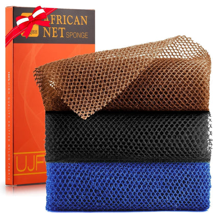 3 Pieces African Bath Sponge African Net Long Net Bath Sponge Exfoliating Shower Body Scrubber Back Scrubber Skin Smoother,Great for Daily Use (Black、Blue、Brown)