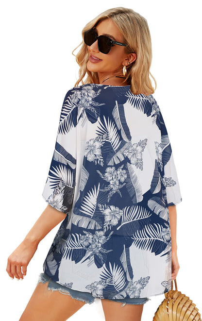 Women's Floral Print Puff Sleeve Kimono Cardigan Loose Cover Up Casual Blouse Tops