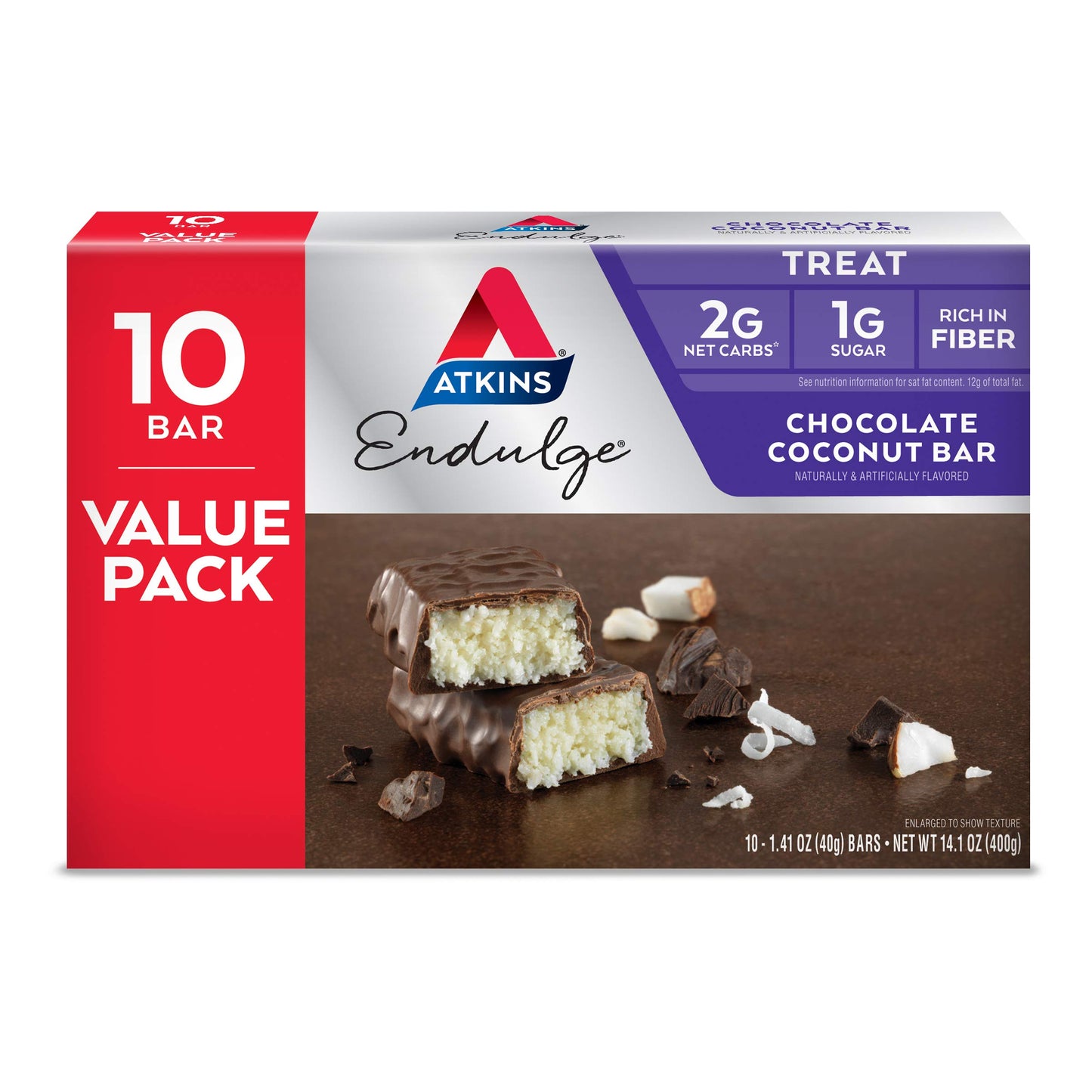 Atkins Endulge Caramel Nut Chew Bar, Dessert Favorite, 1g Sugar, Good Source of Fiber, Low Sugar, 10 Count