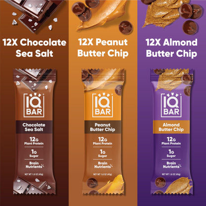 IQBAR Brain and Body Plant Protein Bars - Almond Butter Chip - 12 Count, Low Carb, High Fiber, Gluten Free, Vegan Snacks - Low Sugar Keto Energy Bars