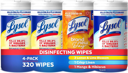 Lysol Disinfectant Wipes Bundle, Multi-Surface Antibacterial Cleaning Wipes, contains x2 Lemon & Lim Blossom, Crisp Linen, Mango & Hibiscus, 80 Count (Pack of 4)