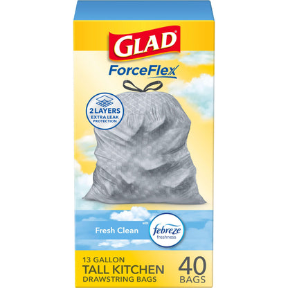 Glad Trash Bags, ForceFlex Tall Kitchen Drawstring Garbage Bags, Fresh Clean, 13 Gal, 40 Ct (Package May Vary)