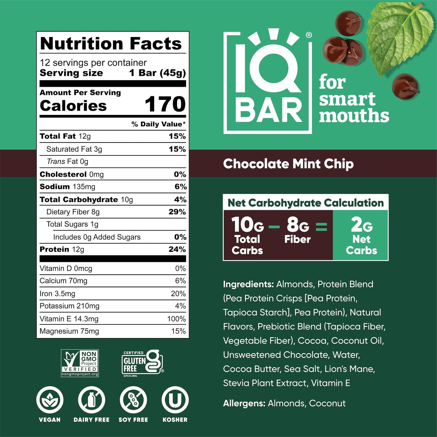 IQBAR Brain and Body Plant Protein Bars - Almond Butter Chip - 12 Count, Low Carb, High Fiber, Gluten Free, Vegan Snacks - Low Sugar Keto Energy Bars