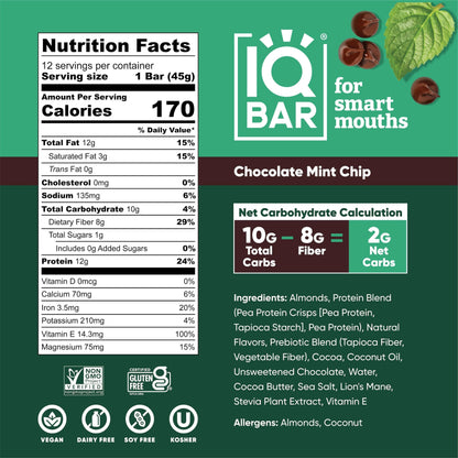 IQBAR Brain and Body Plant Protein Bars - Almond Butter Chip - 12 Count, Low Carb, High Fiber, Gluten Free, Vegan Snacks - Low Sugar Keto Energy Bars