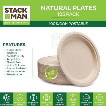 100% Compostable Paper Plates, Heavy Duty Disposable Plates [125-Pack] 9 Inch Plates - Eco-Friendly, Biodegradable Sugarcane Bagasse, Natural Unbleached Brown 9" Dinner Paper Plate Disposable