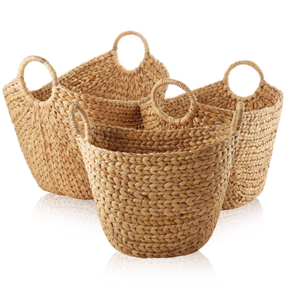 Casafield Set of 3 Multipurpose Boat Baskets with Handles - Natural, Woven Water Hyacinth Storage Organizers for Throw Blankets, Bedroom, Living Room, Laundry