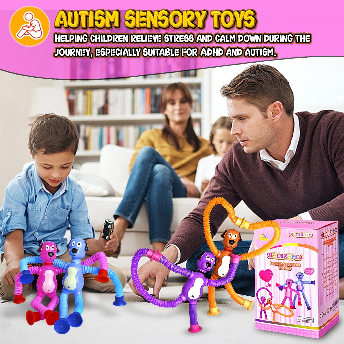 Autism Sensory Toys for Kid Boys Year Old Ages 4 5 6 7 8 9 10(4PCS), Suction Robot Toy Pop Tube Fidget Toys Autistic Travel Toys Valentine's Day Gift Easter Basket Stocking Stuffer for Kids