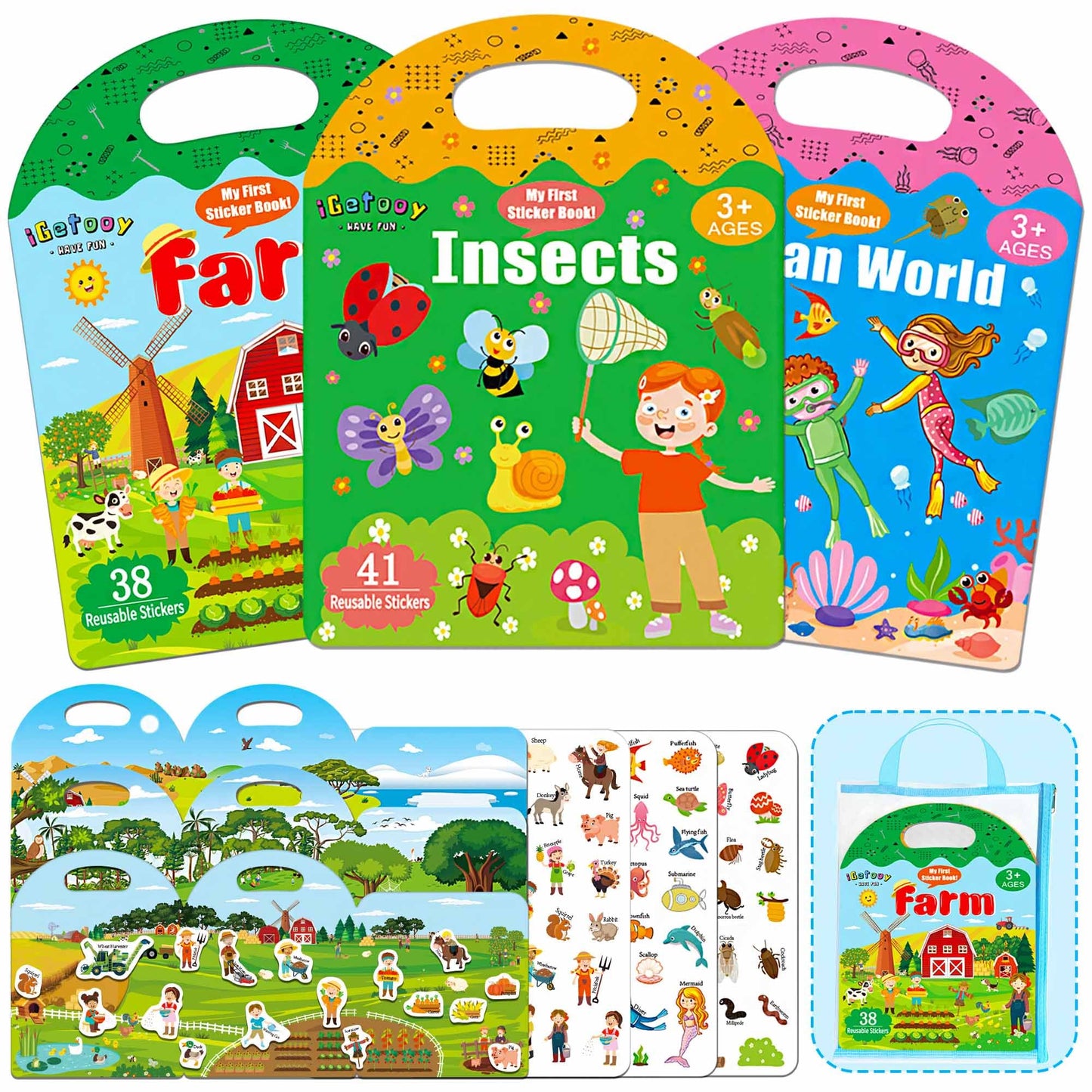 3 Sets Sticker Books for Toddler 1-3, 118 Pcs Reusable Stickers Vehicles, Farm, Space Theme Sticker Books for Girls Boys Preschool Education Learning Toys for Kids 2 3 4 Year Old