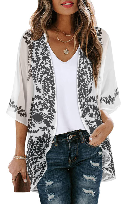 Women's Floral Print Puff Sleeve Kimono Cardigan Loose Cover Up Casual Blouse Tops